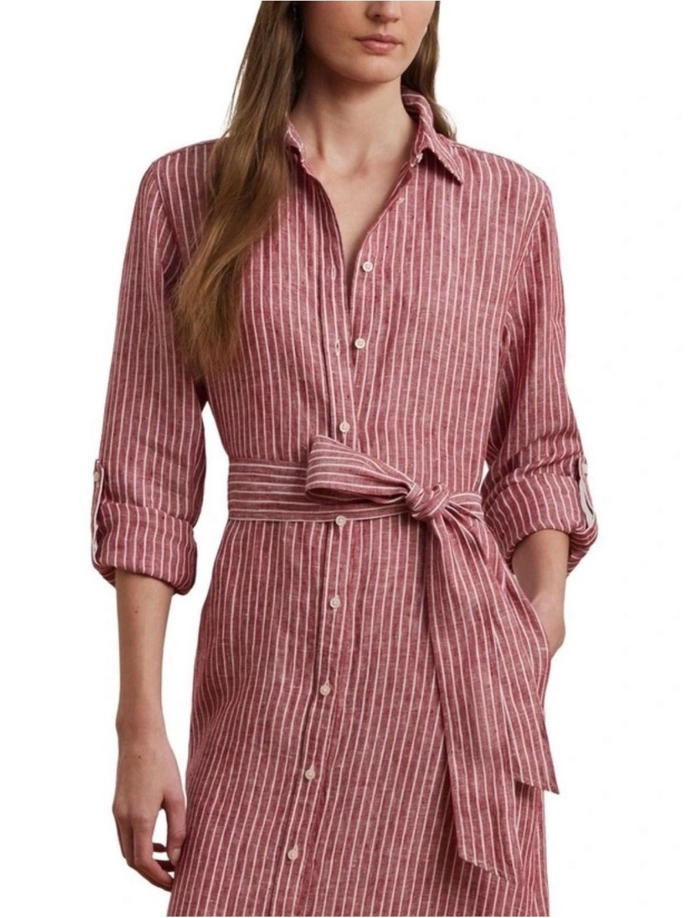 Ralph Lauren Red and White Striped Shirt Dress Linen - Picture 3 of 8
